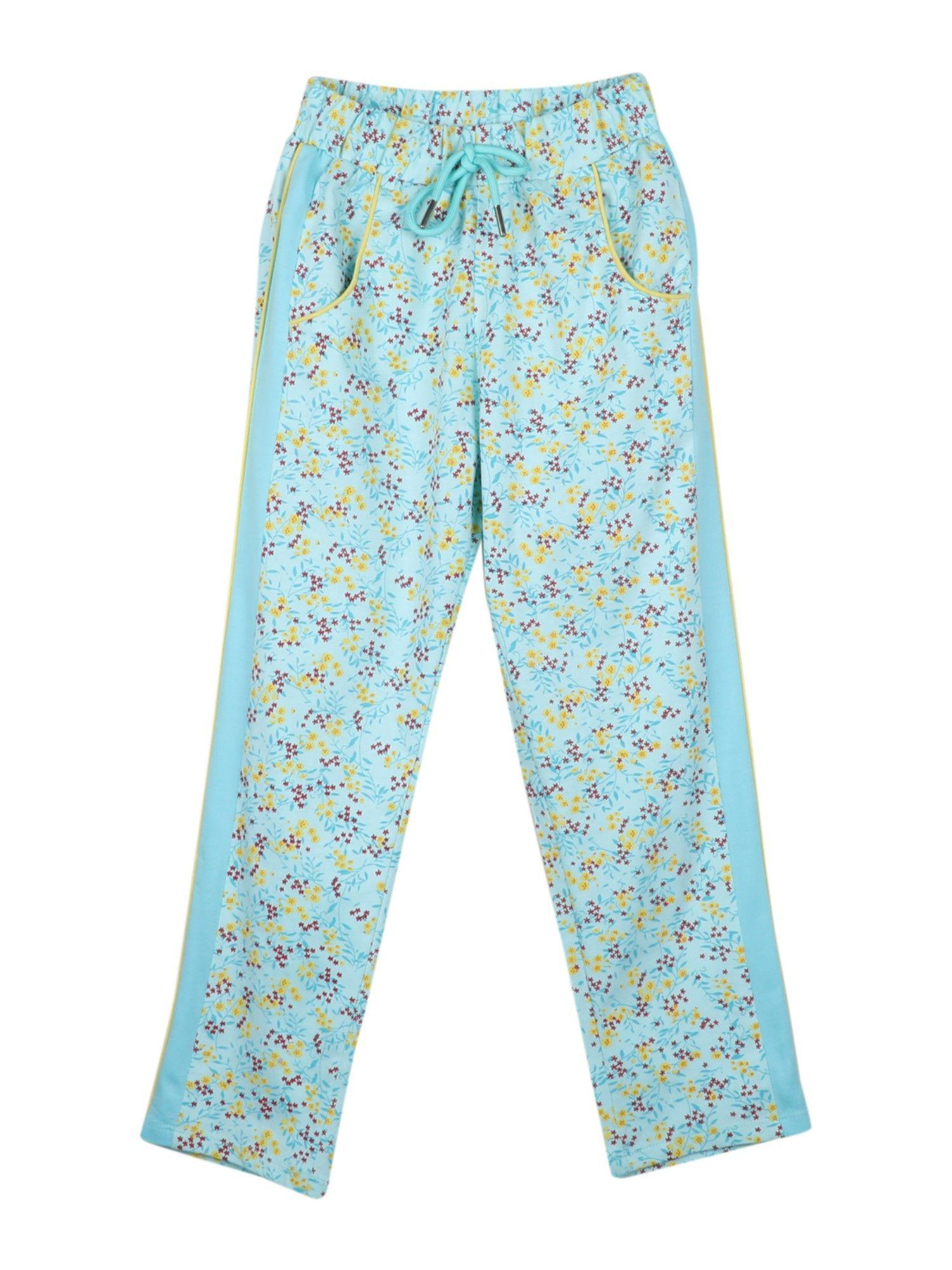 girls cotton blend floral light aqua track pants