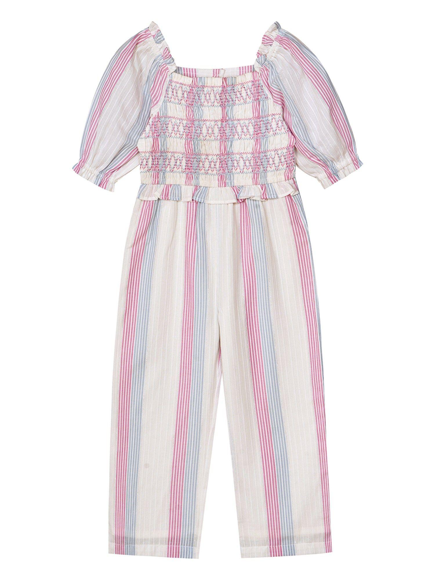 girls cotton design smocked short sleeve jumpsuit-white & pink