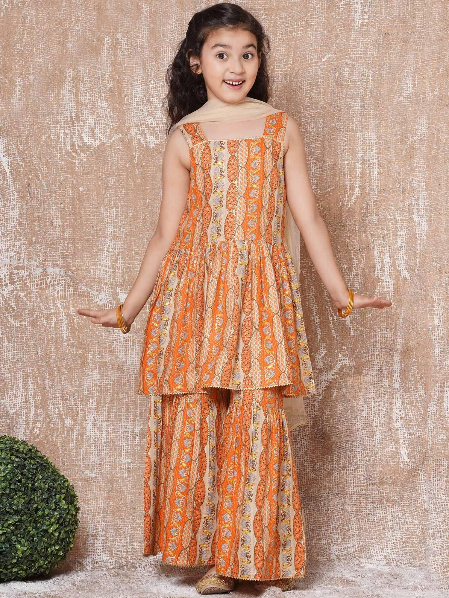 girls cotton floral print sleeveless kurta with sharara orange (set of 3)