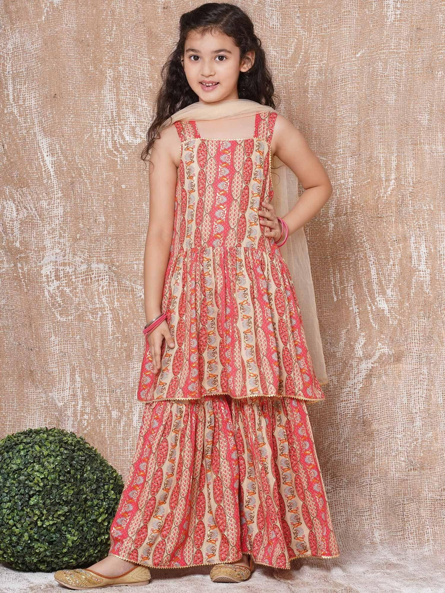 girls cotton floral print sleeveless kurta with sharara red (set of 3)
