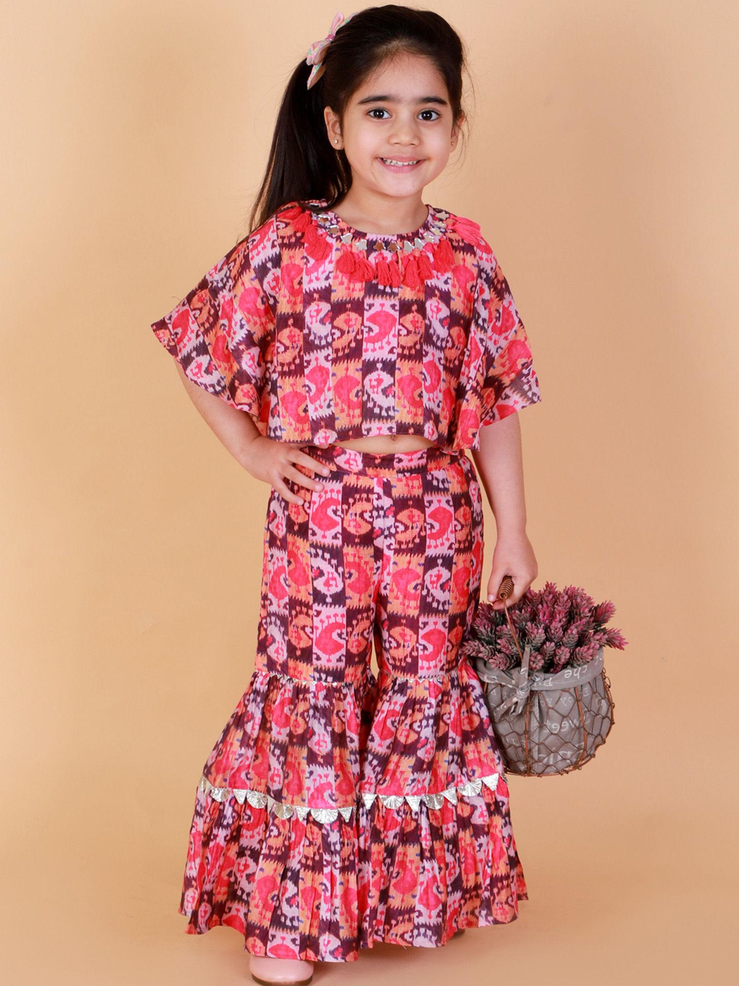 girls cotton floral print top with sharara set- red (set of 2)