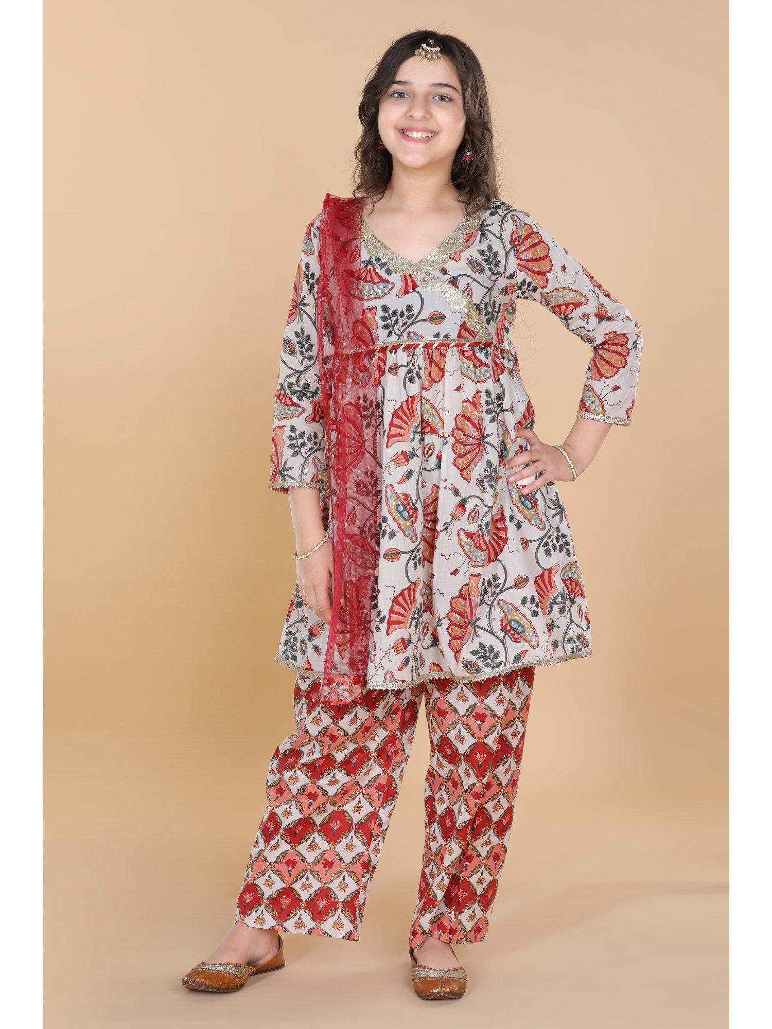 girls cotton floral printed angrakha style kurta and pyjama (set of 3)