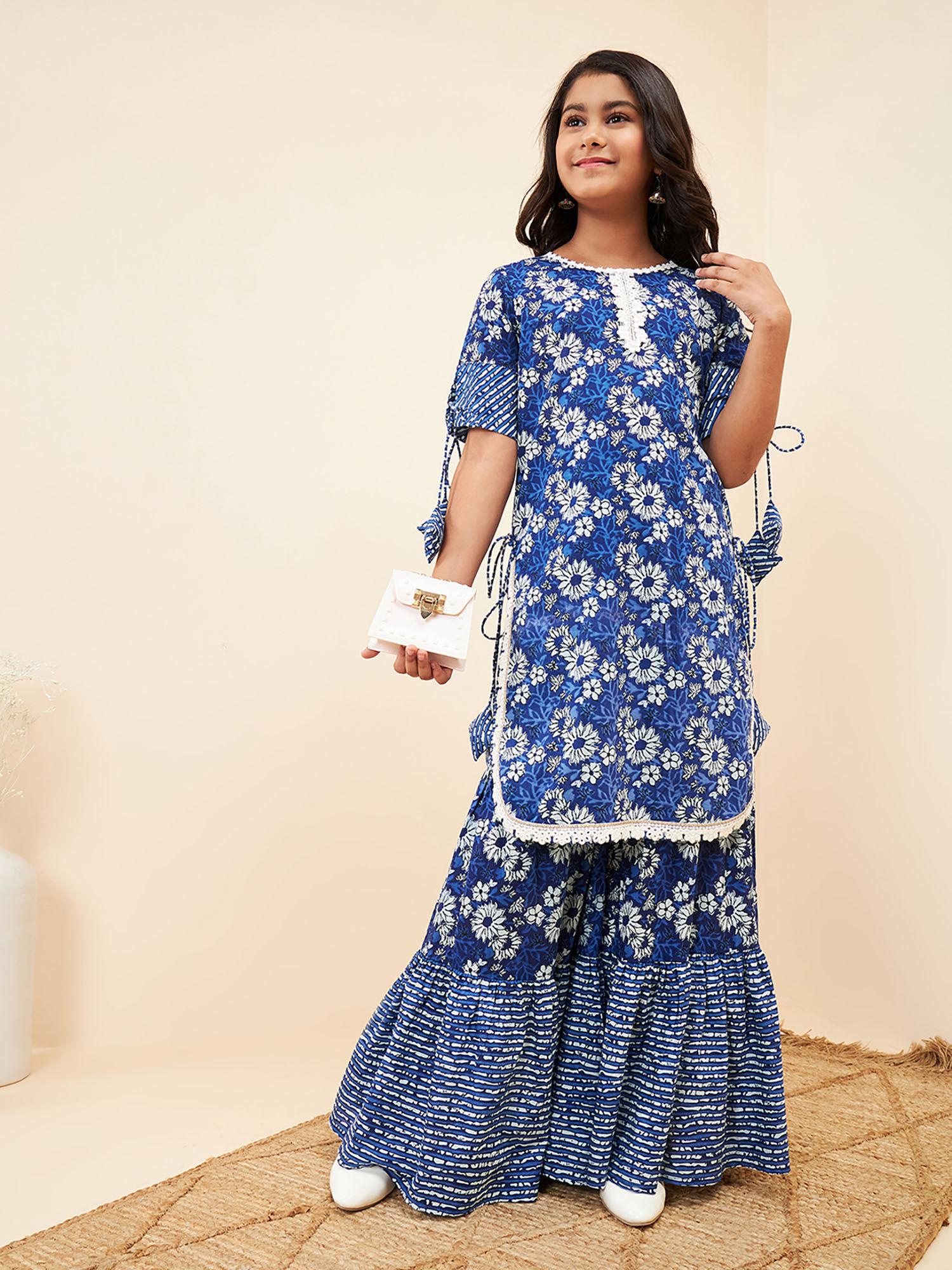 girls cotton floral printed kurti with sharara - navy blue (set of 2)