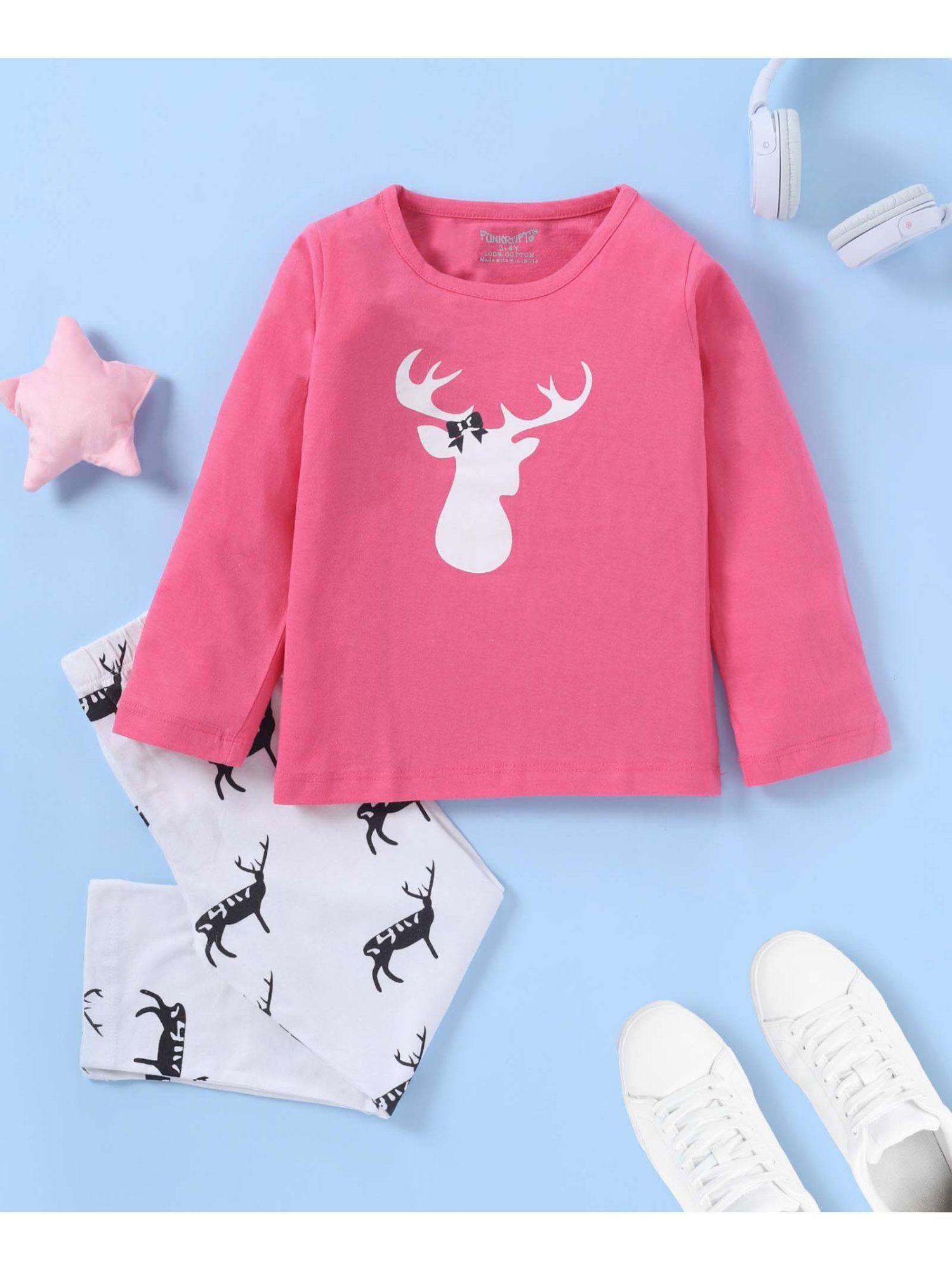 girls cotton full sleeve printed t-shirt & pyjama - pink & white (set of 2)