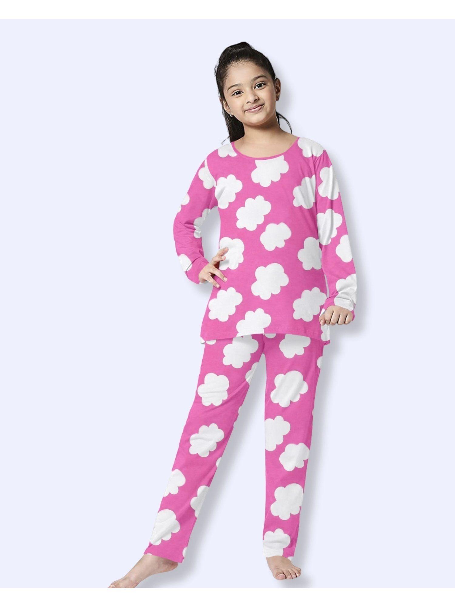 girls cotton full sleeves printed t-shirt & pyjama - pink (set of 2)
