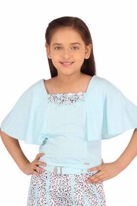 girls cotton knit embellished aqua top - aqua