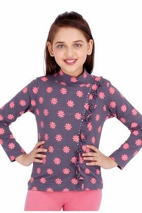girls cotton knit floral printed grey top - grey