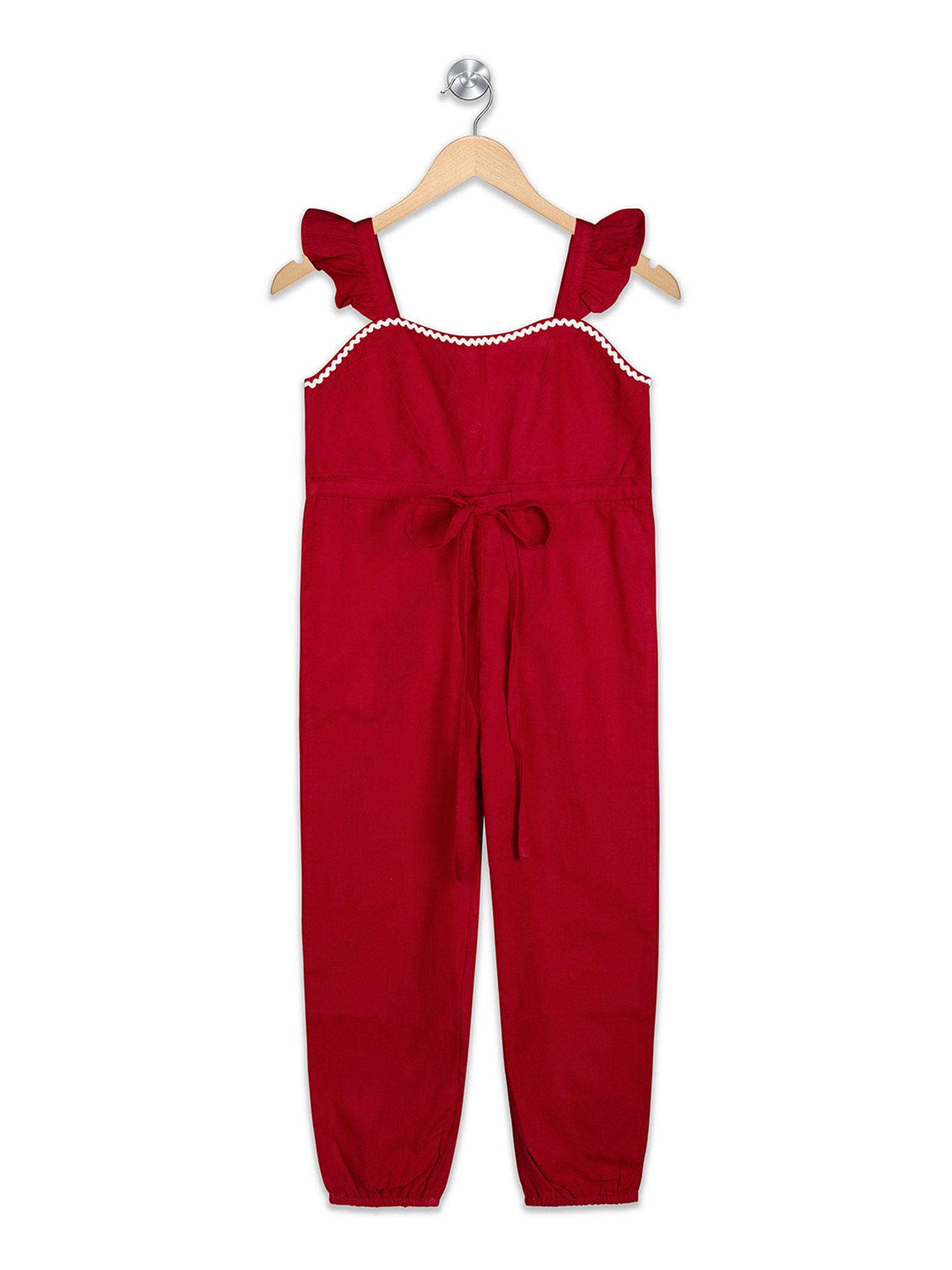 girls cotton linen jumpsuit - lipstick red