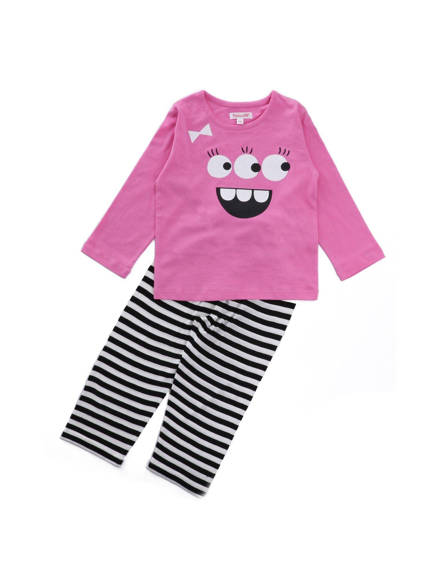 girls cotton monster eye printed t-shirt & pyjama - pink (set of 2)