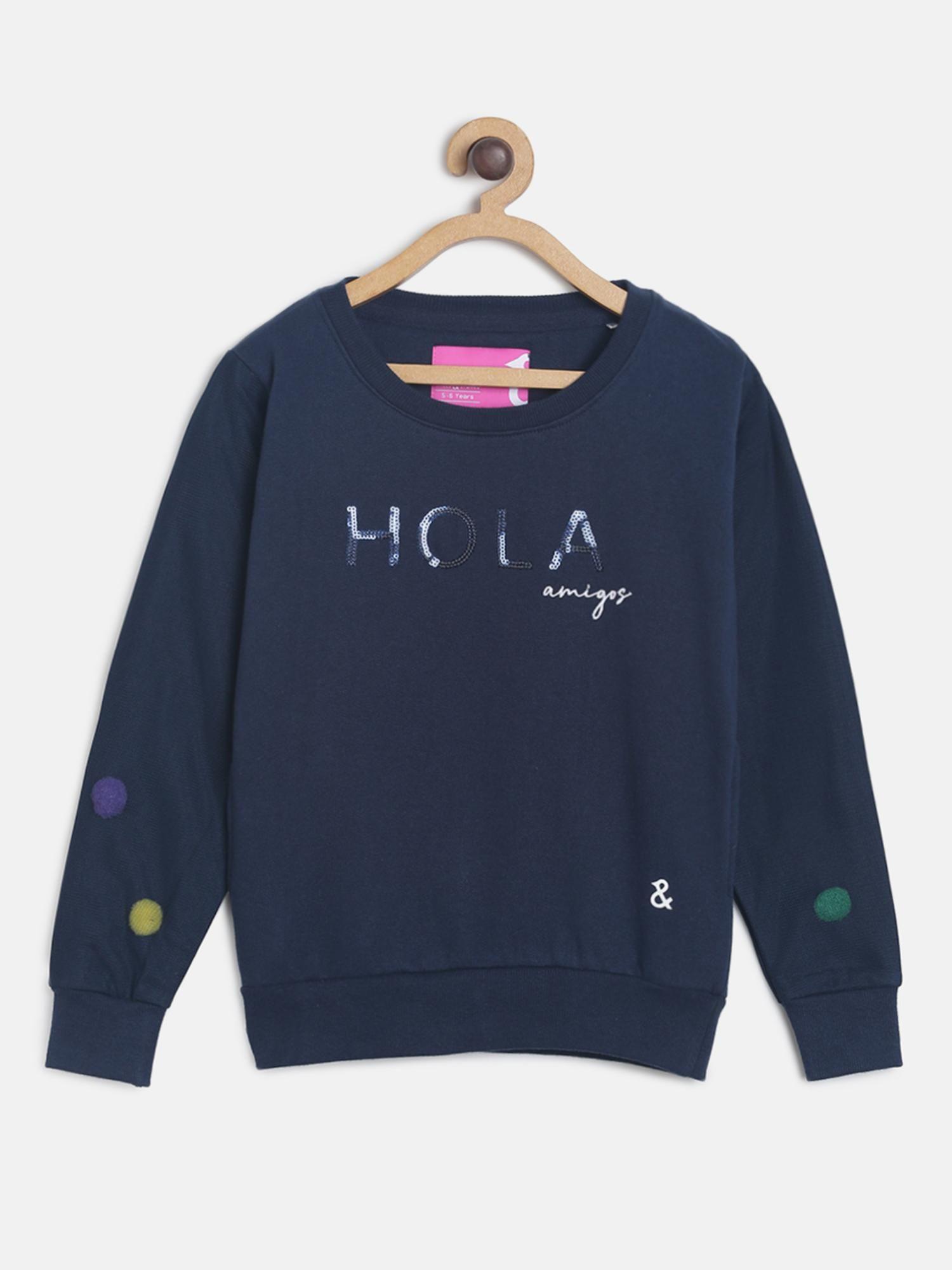 girls cotton navy blue embroidered sweatshirt