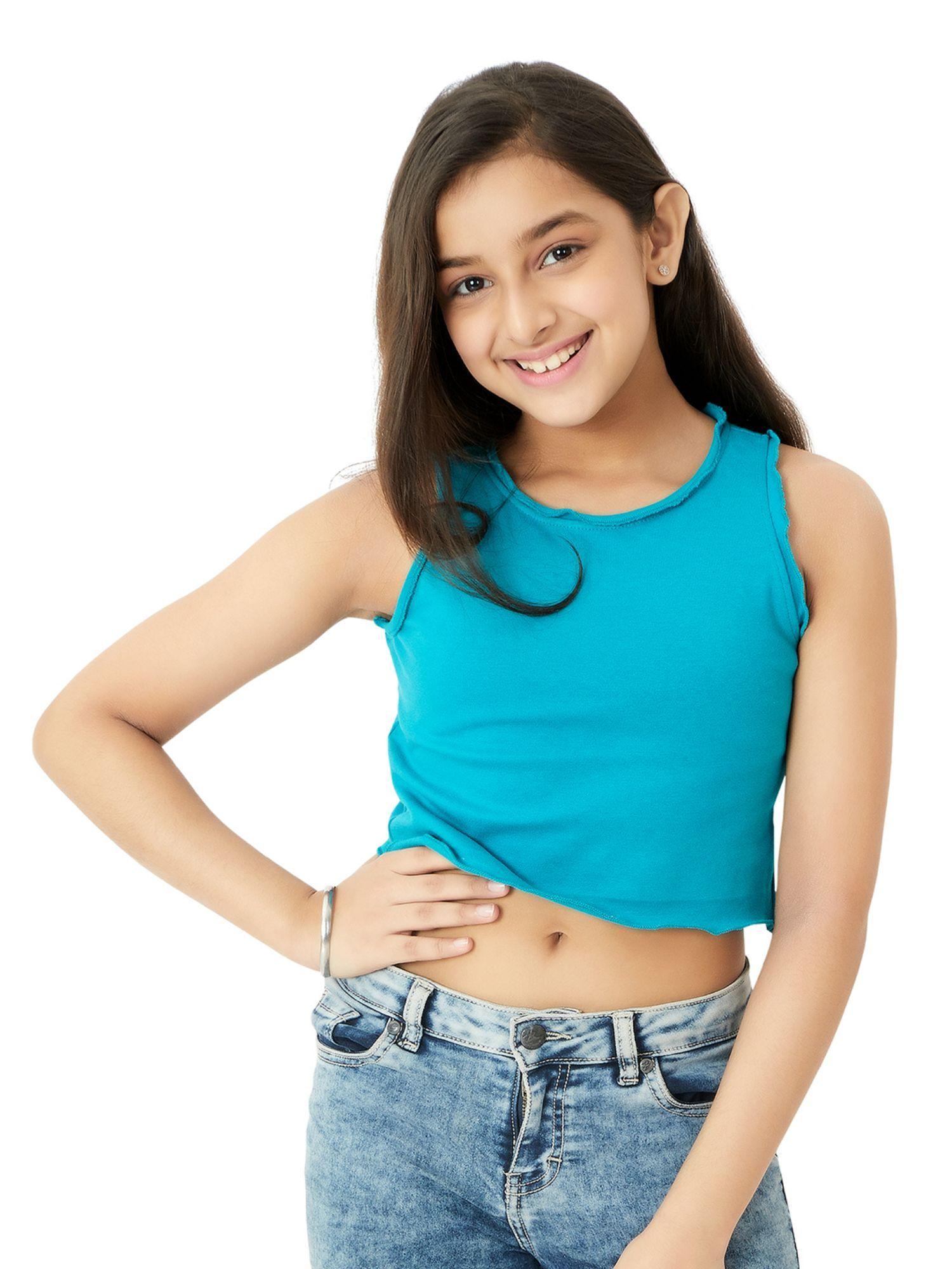 girls cotton rib halter crop top - teal