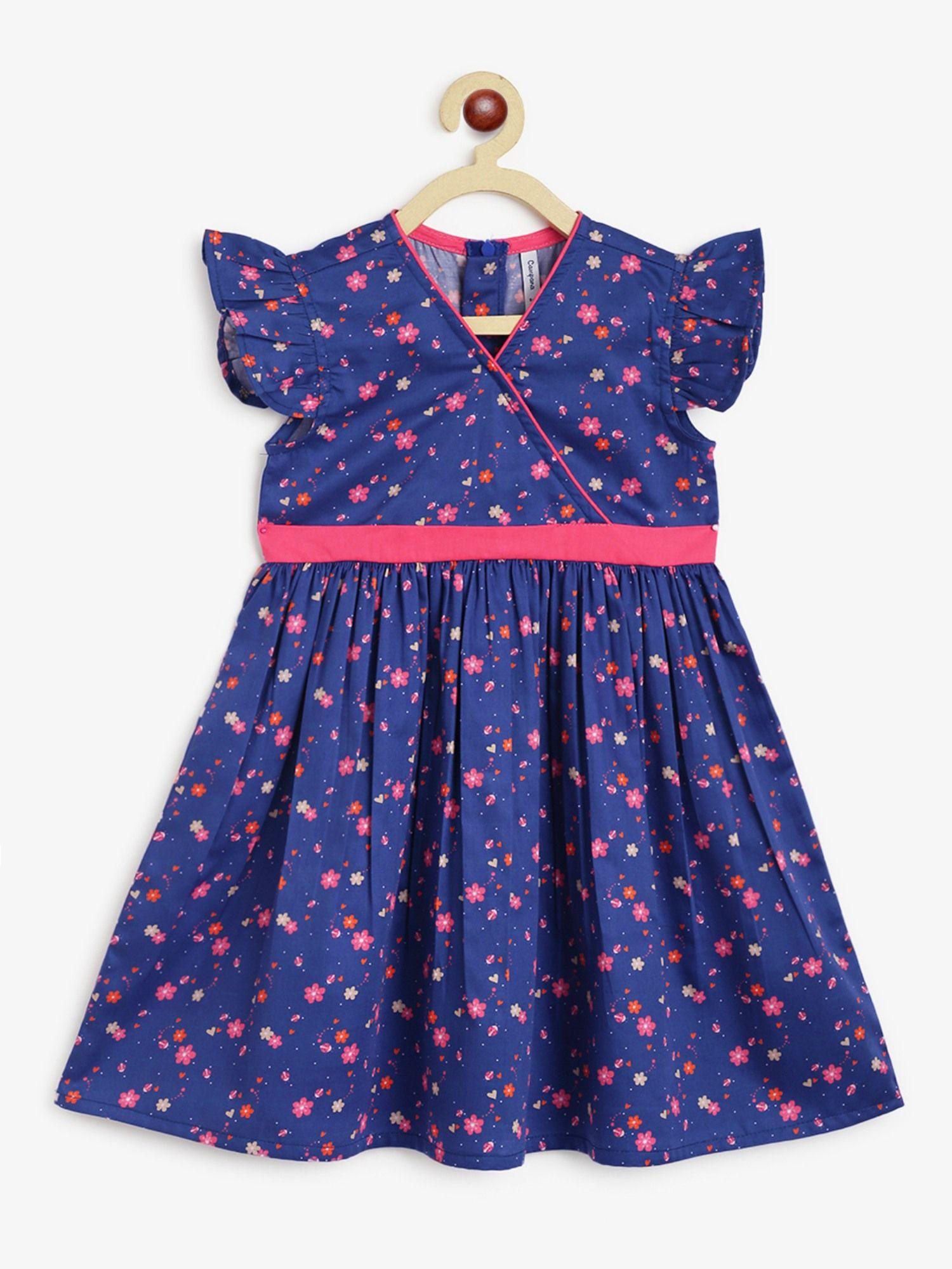 girls cotton ruby crossover dress - baby flower print - navy and pink