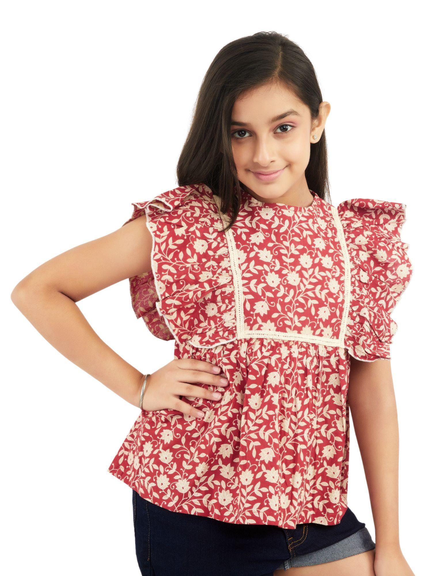 girls cotton ruffle lace top block print red