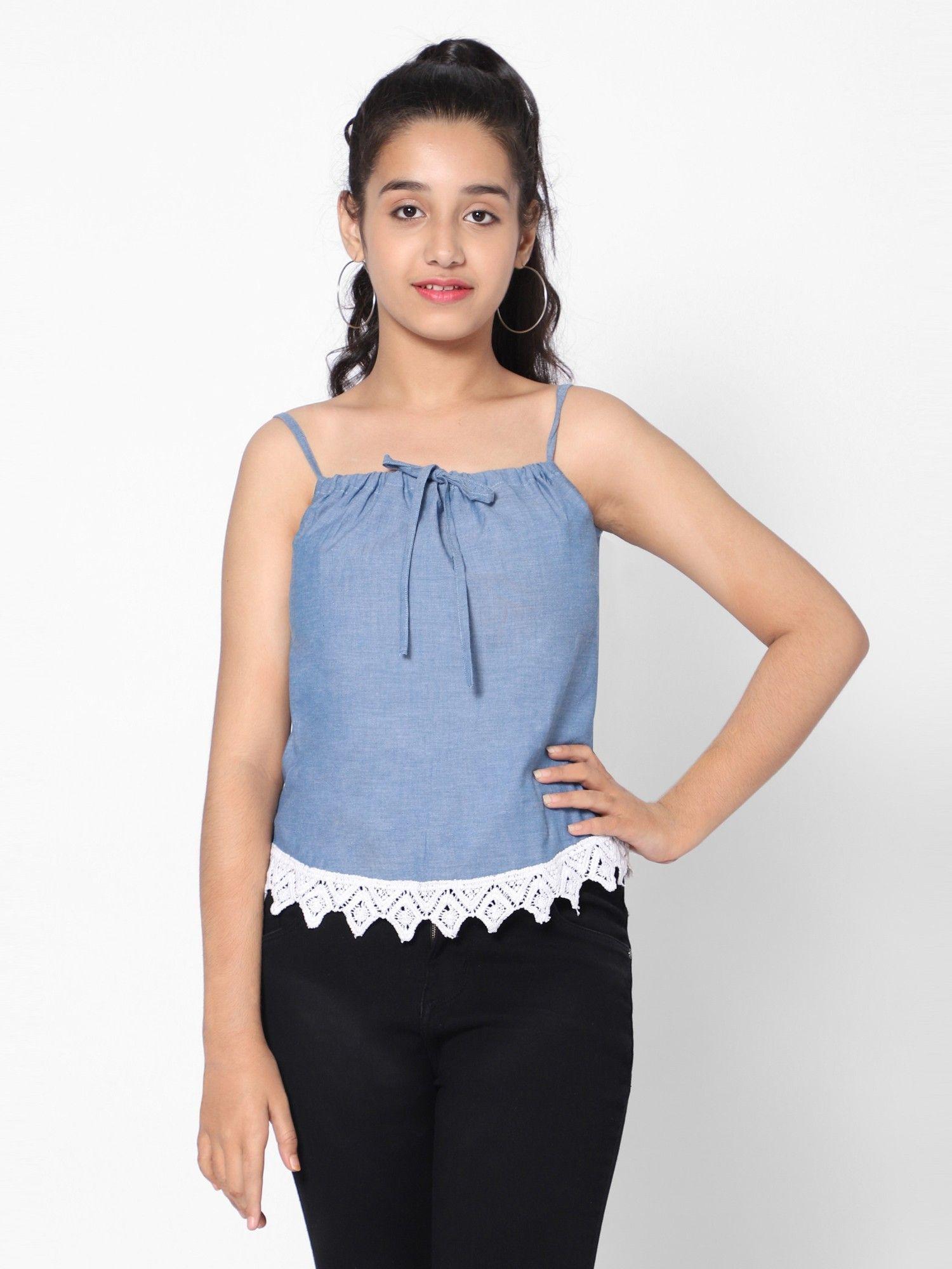 girls cotton solid lace strappy top blue