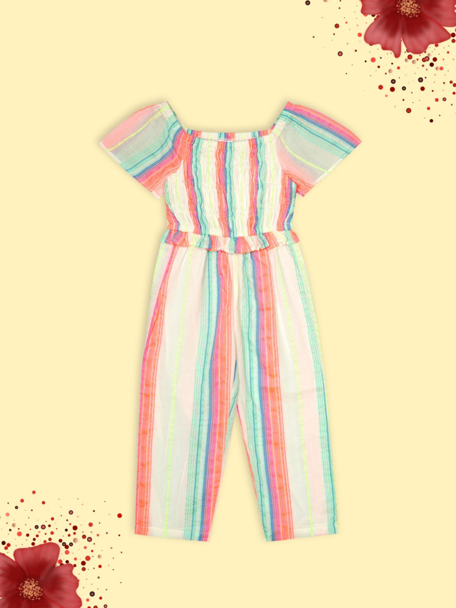 girls cotton striped smocked jumpsuit white