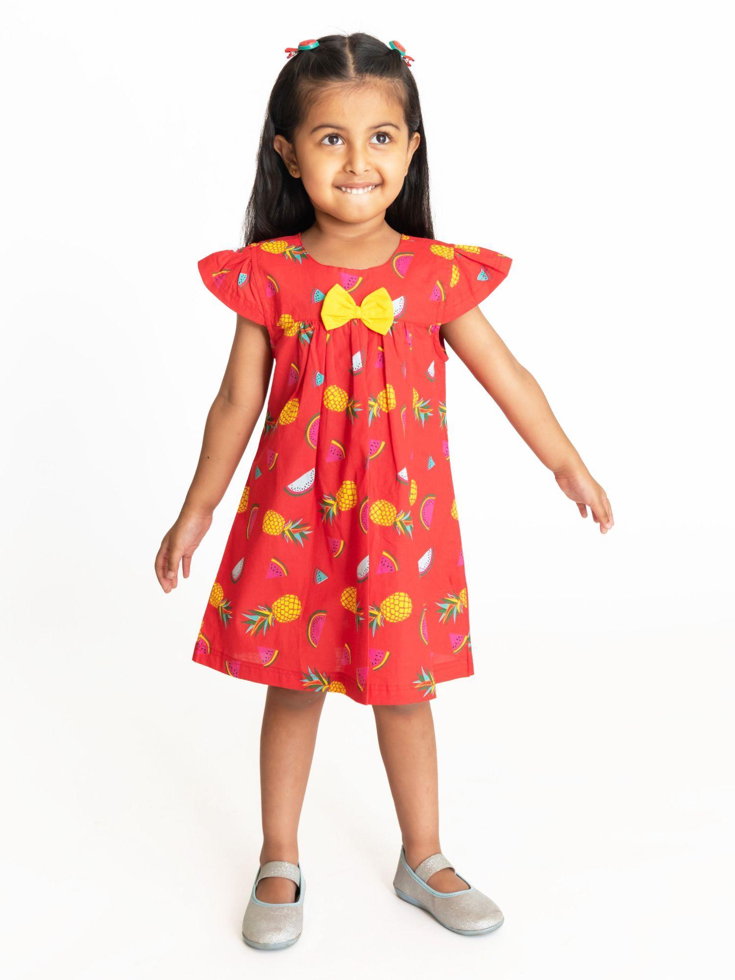 girls cotton suzy dress with bow - fruit print - red
