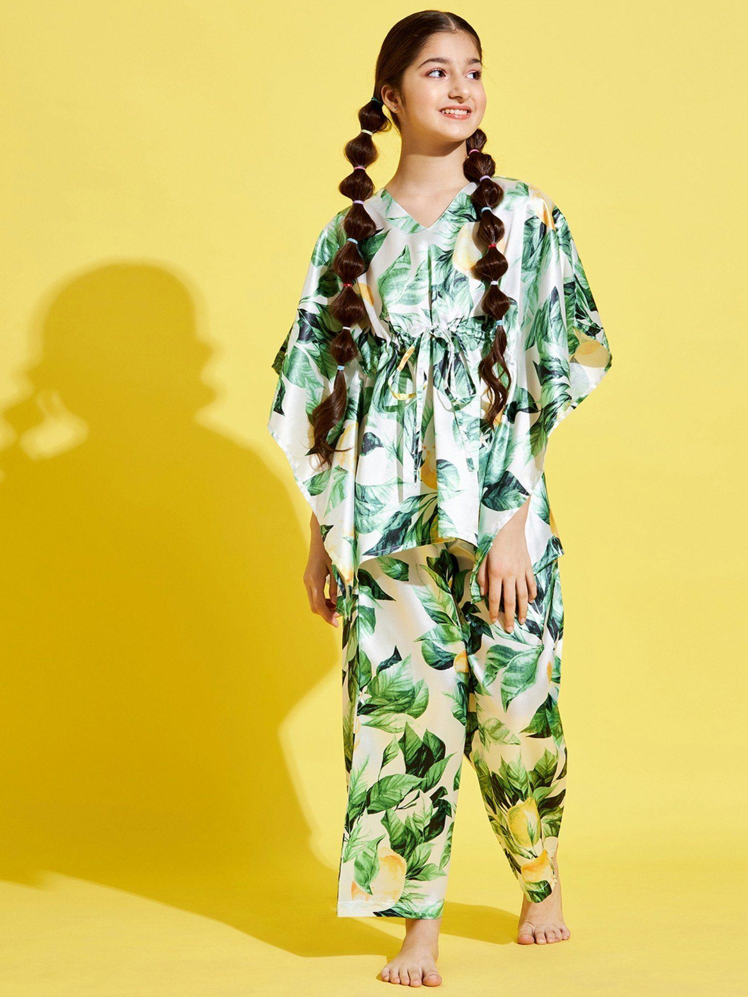 girls cream & green printed kaftan and pyjamas night suits (set of 2)