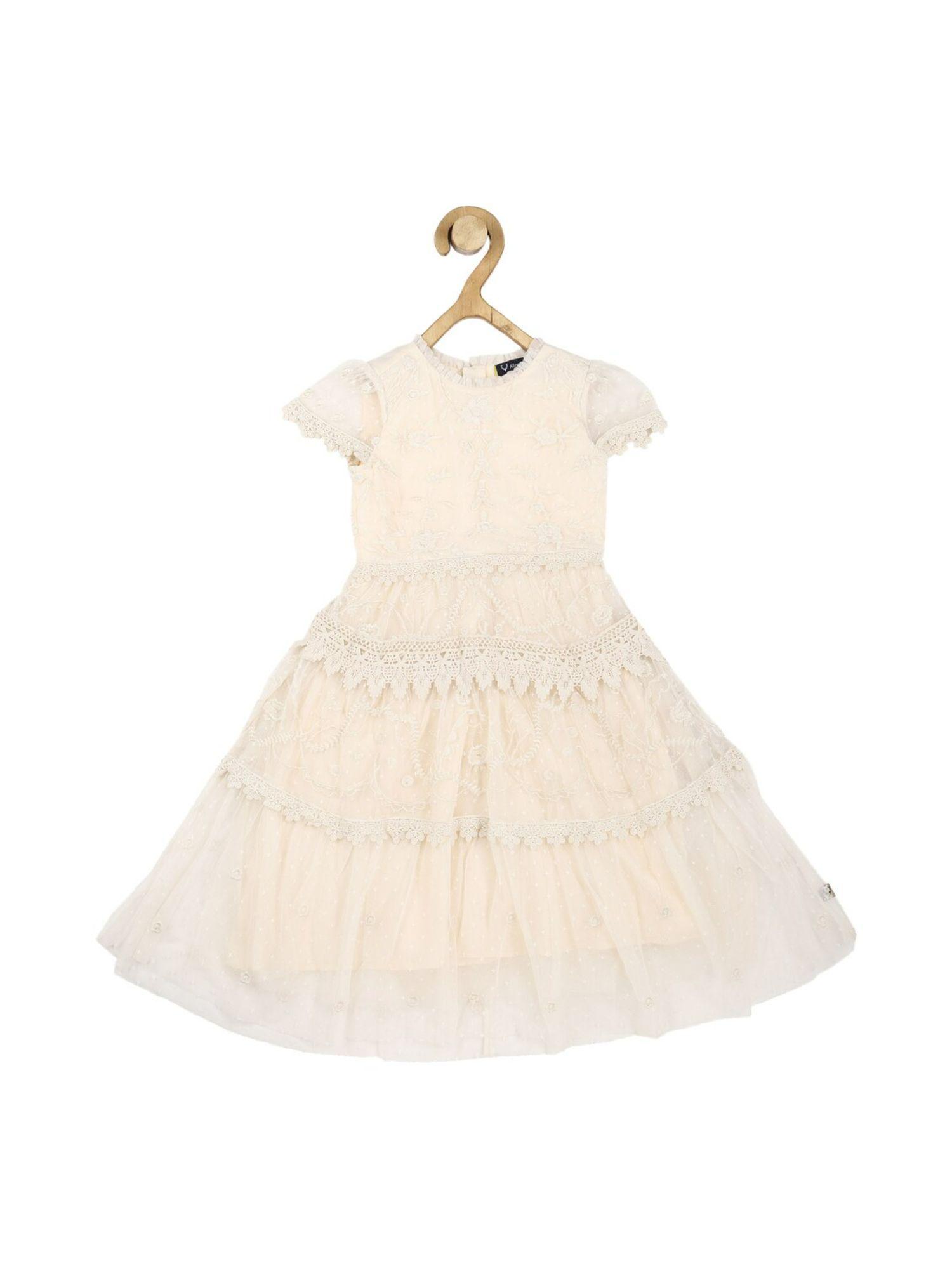 girls cream embroidered regular fit party dress