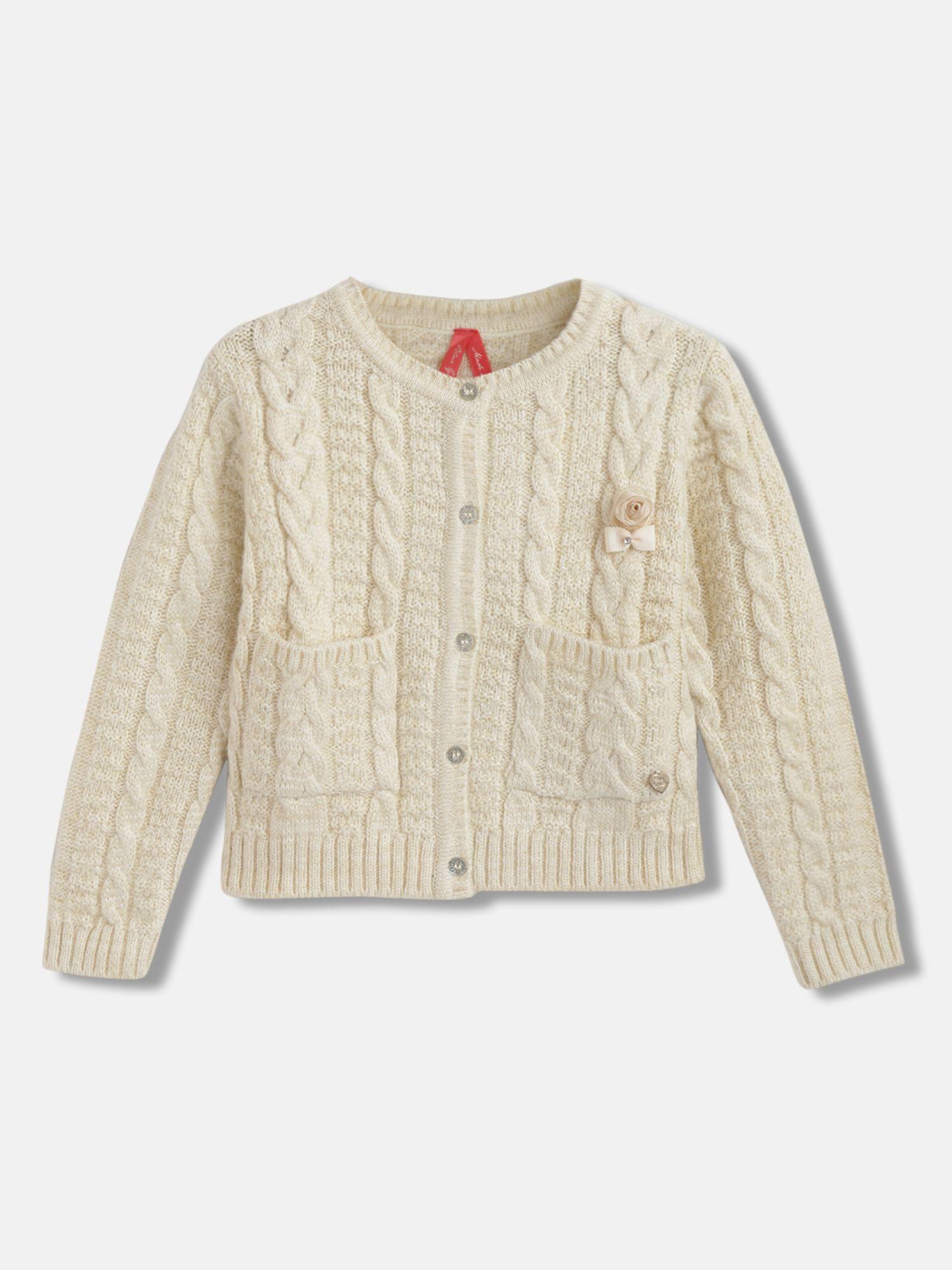 girls cream self design round neck cardigan