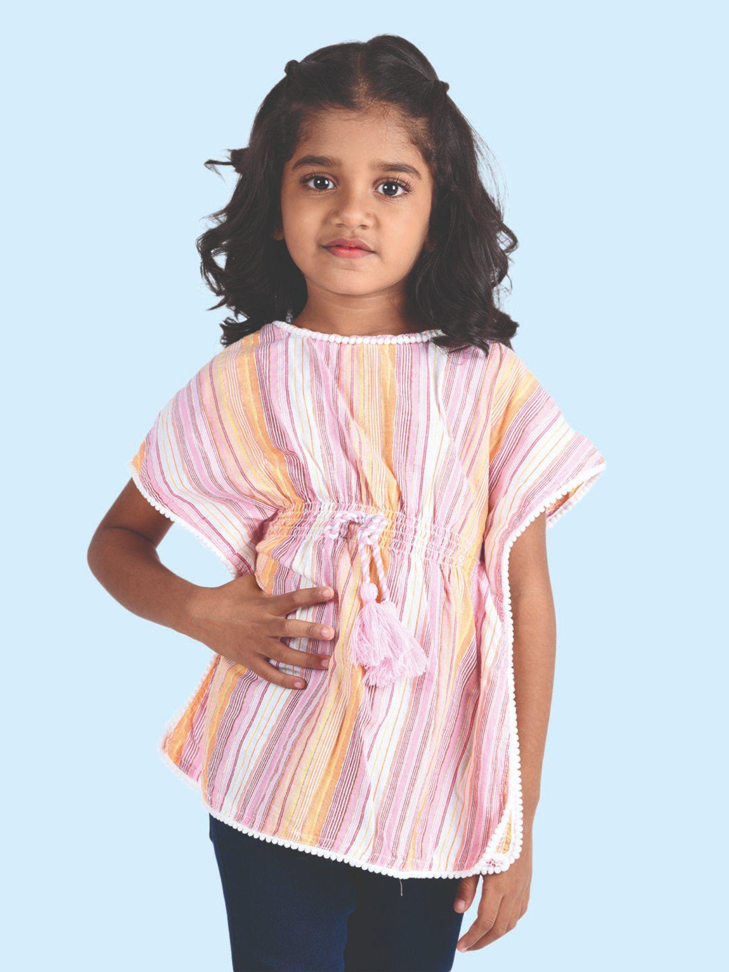 girls cream striped extended sleeves kaftan top