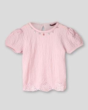 girls crinkle top with charm neckline