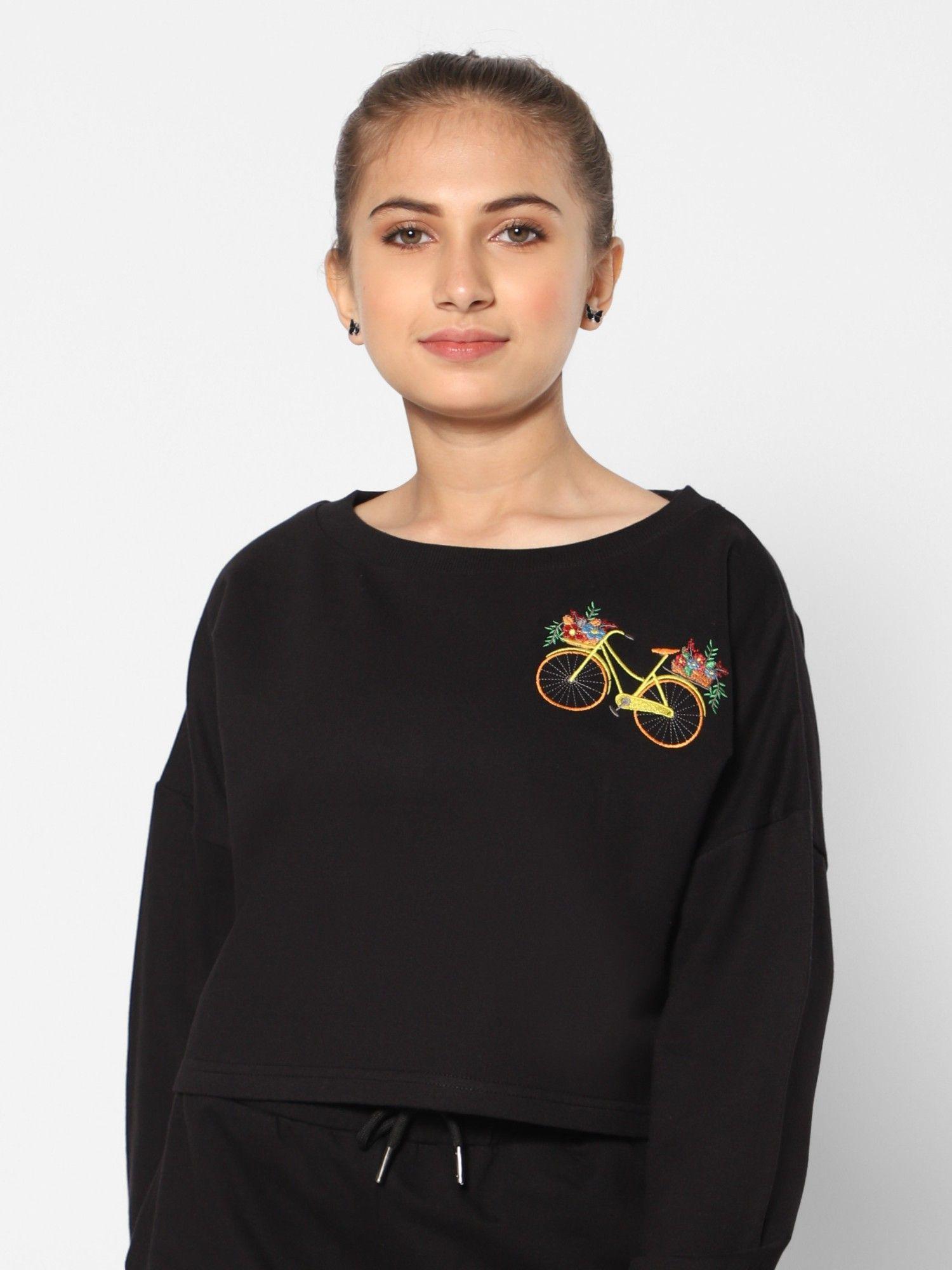 girls crop sweat top cycle embroidery black