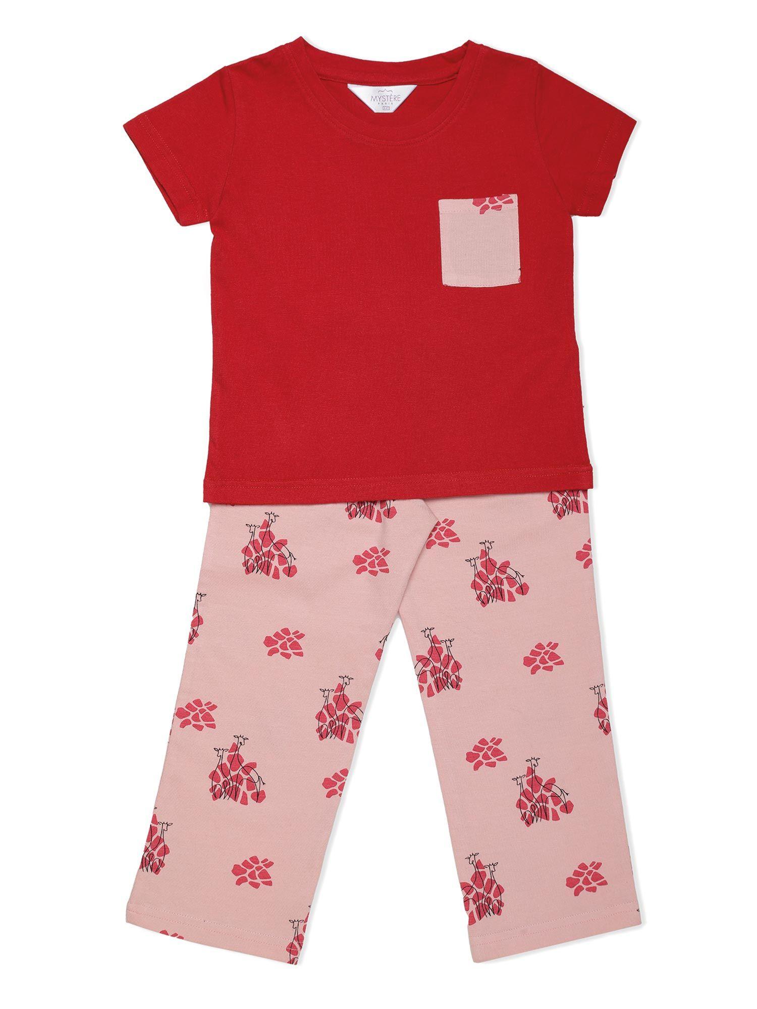 girls cute peach giraffe pyjama set (set of 2)