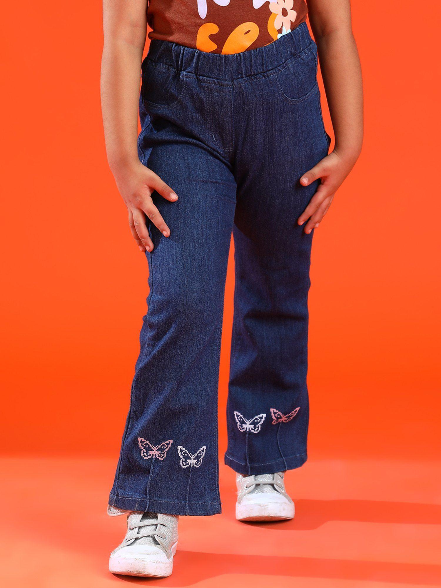girls dark blue boot cut fit lycra embroidery jeggings