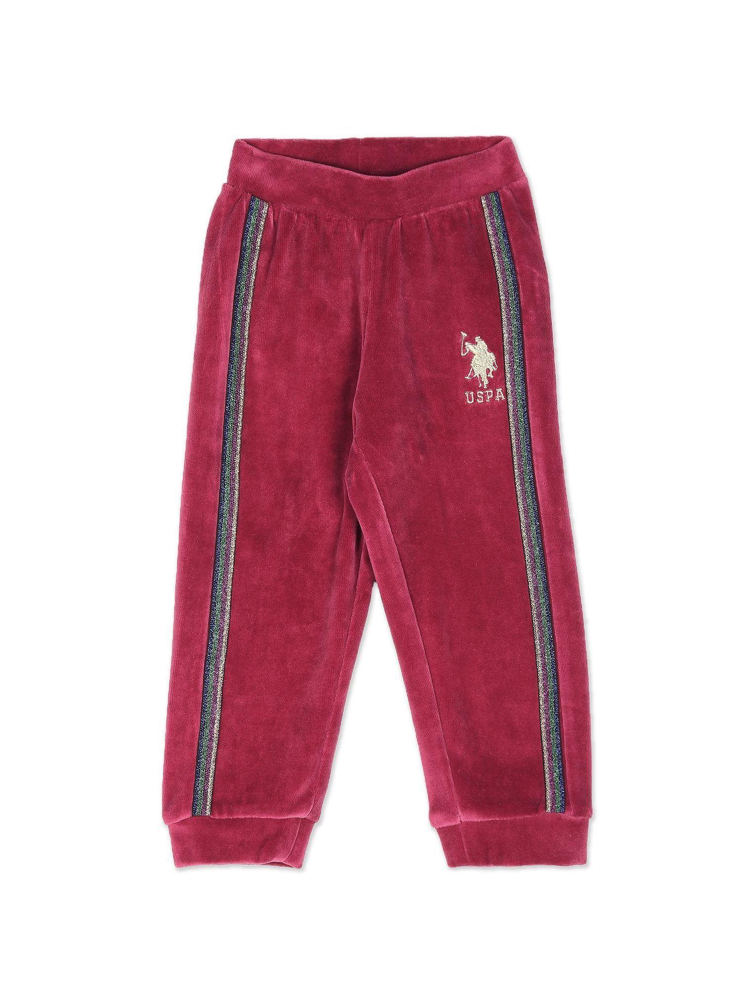 girls dark pink glitter tape velvet joggers