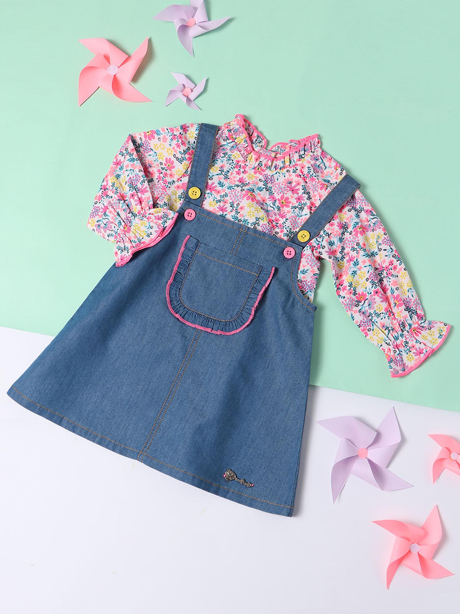girls denim pinafore with floral print top (set of 2)