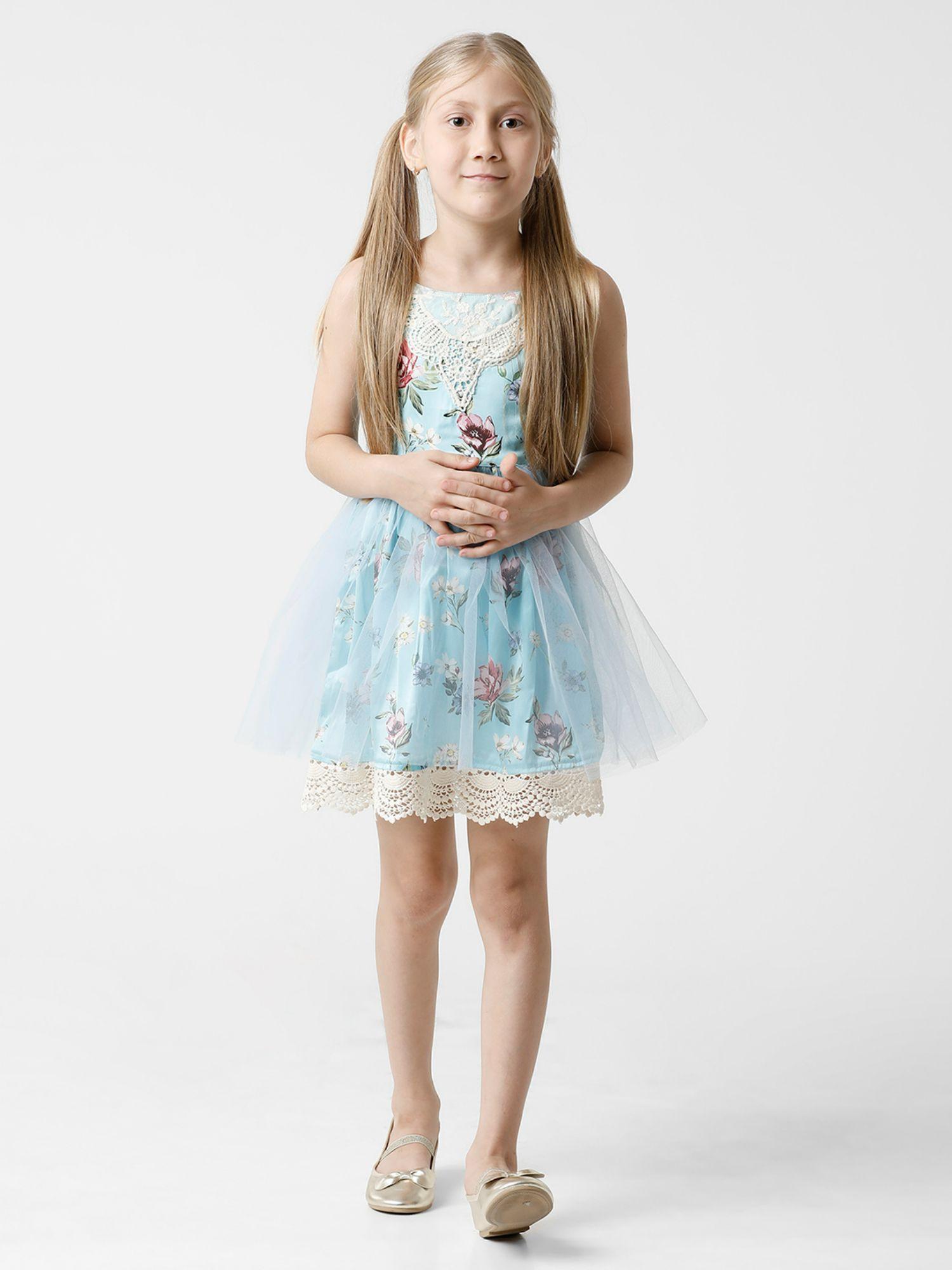 girls digital printed dress with mesh layer - blue