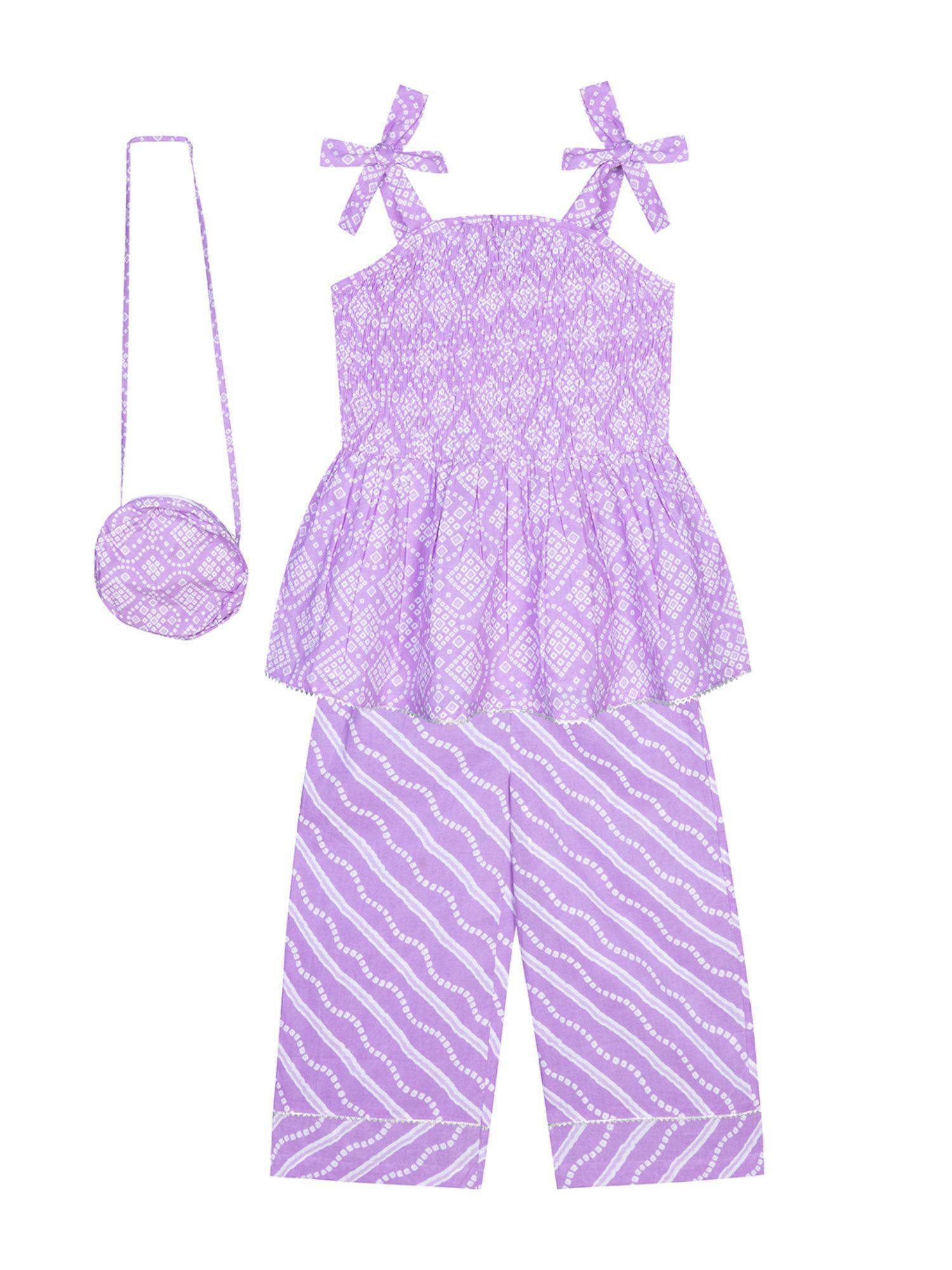 girls dot printed top pajama with matching hand bag purple (set of 3)