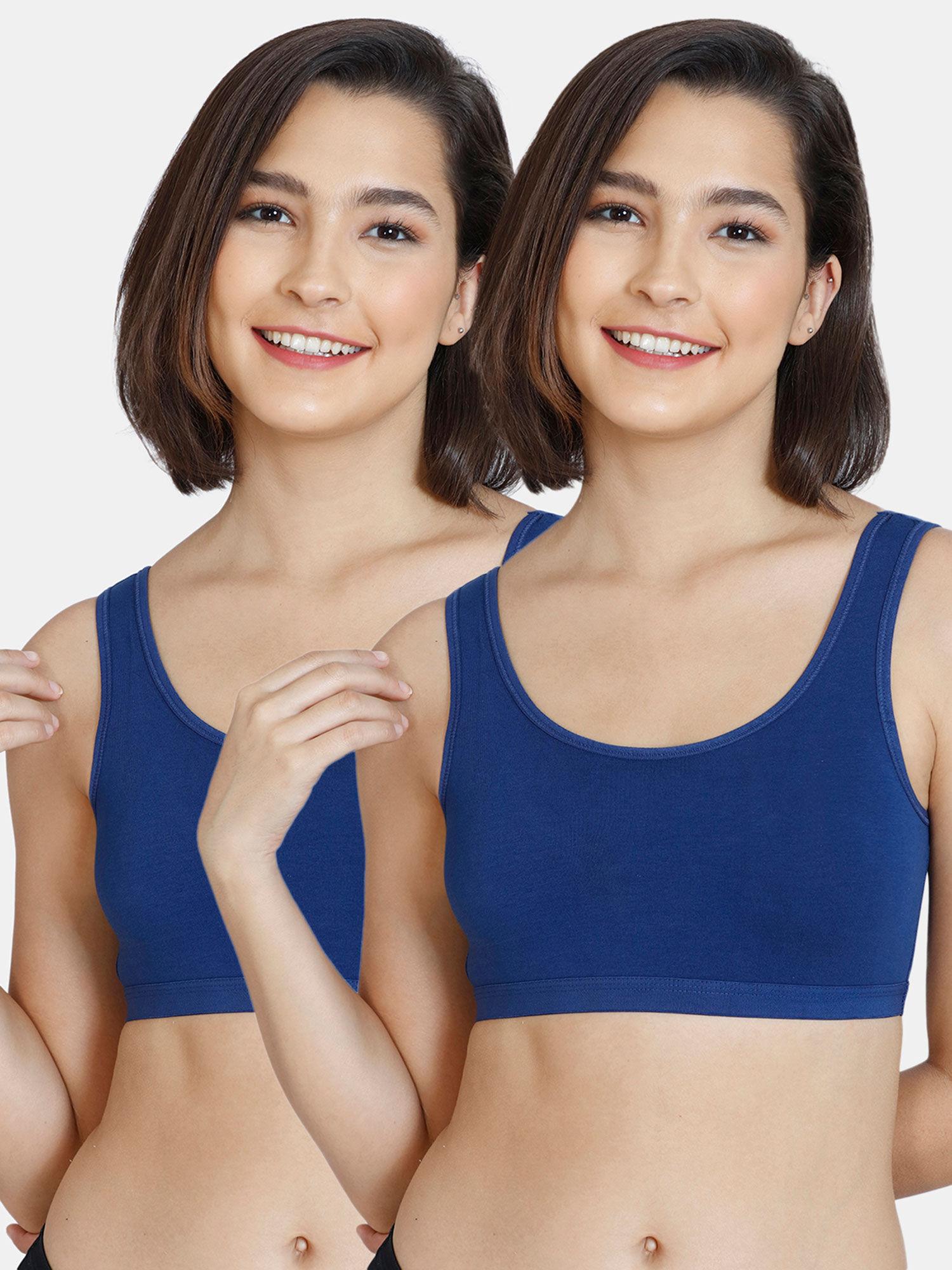 girls double layered non wired slip on beginner bra navy blue (pack of 2)