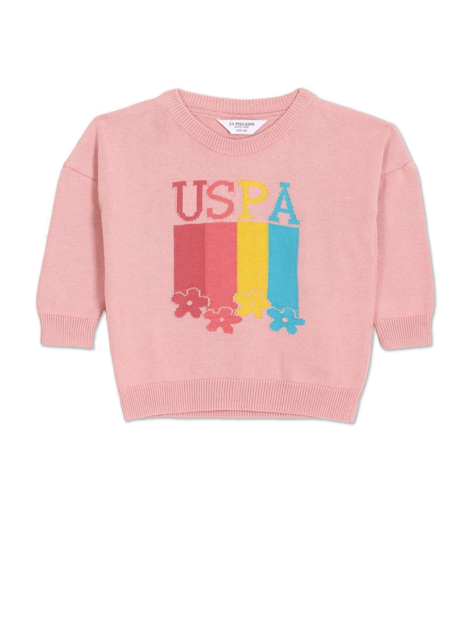 girls dusty pink crew neck patterned knit cotton sweater