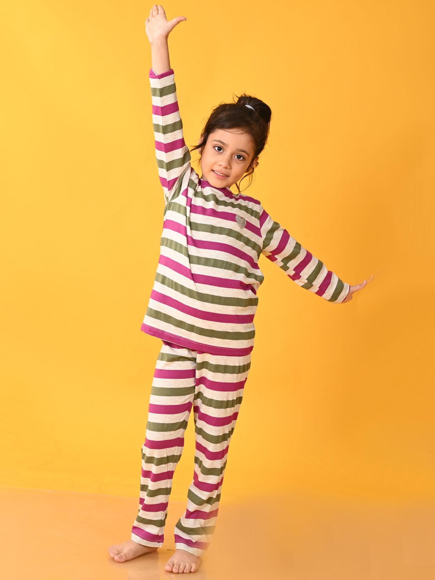 girls ecru green magenta striped long sleeves t-shirt pyjama (set of 2)