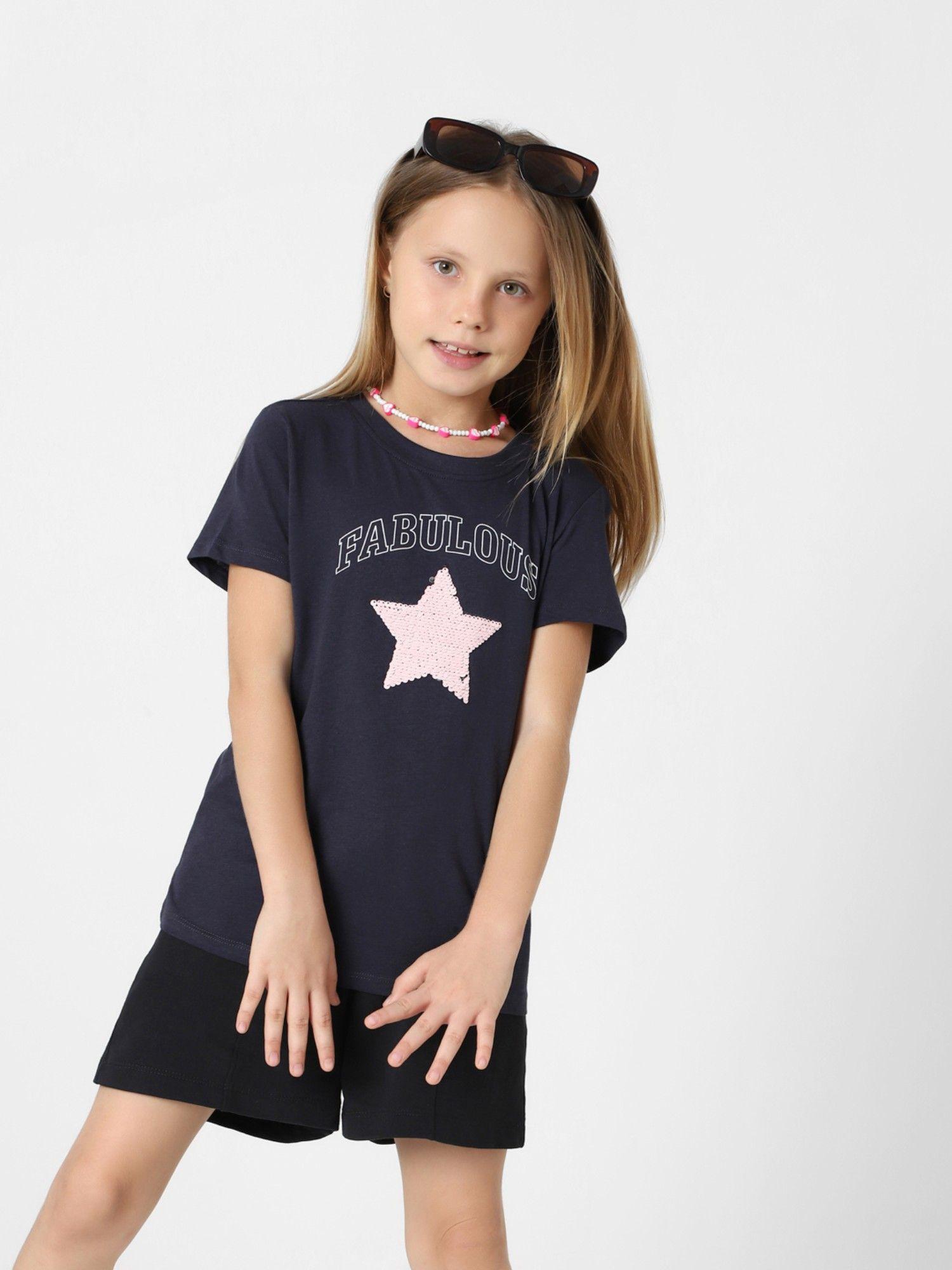 girls embellished navy t-shirt