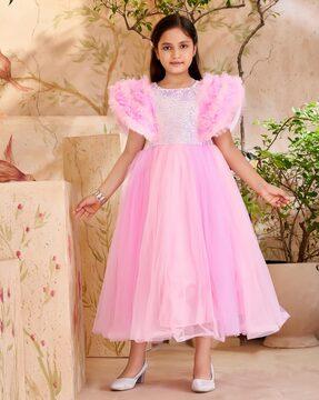 girls embellished round-neck gown with ruffles