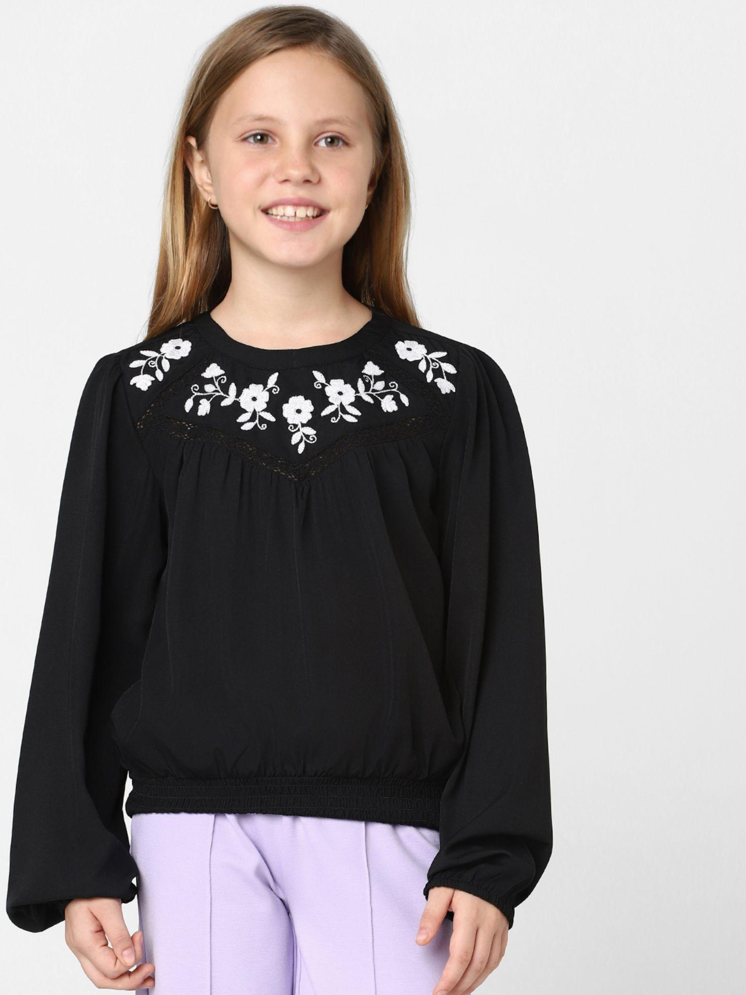 girls embroidered black top