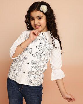 girls embroidered regular fit top with bracelet sleeves
