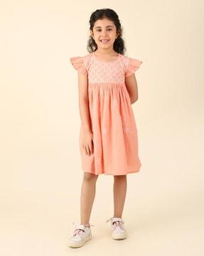 girls embroidered round-neck fit & flare dress