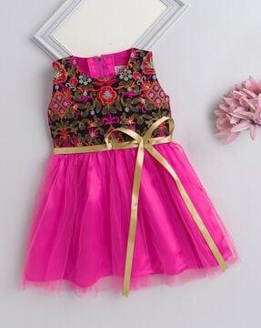 girls embroidered round-neck fit & flare dress