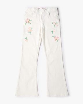 girls embroidered slim fit flared jeans