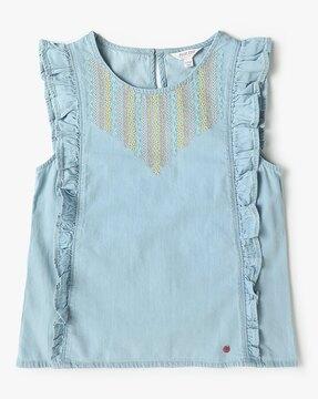 girls embroidered slim fit top with rufffles