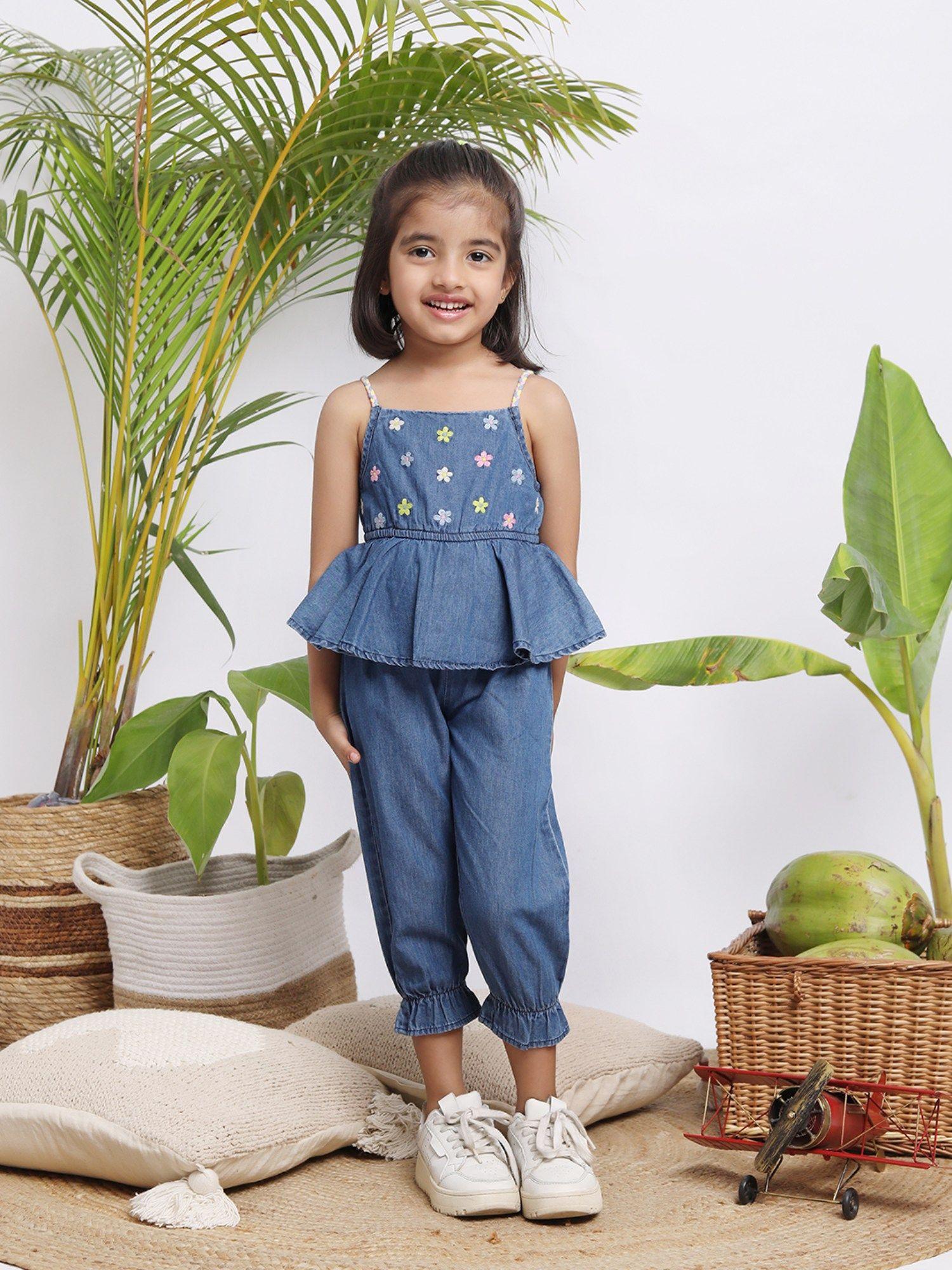 girls embroidered solid denim jumpsuit-blue