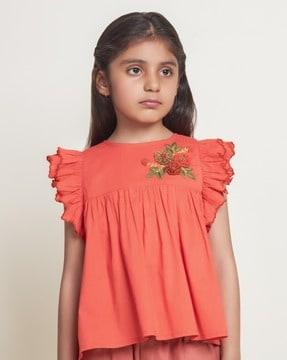 girls embroidered top with ruffles