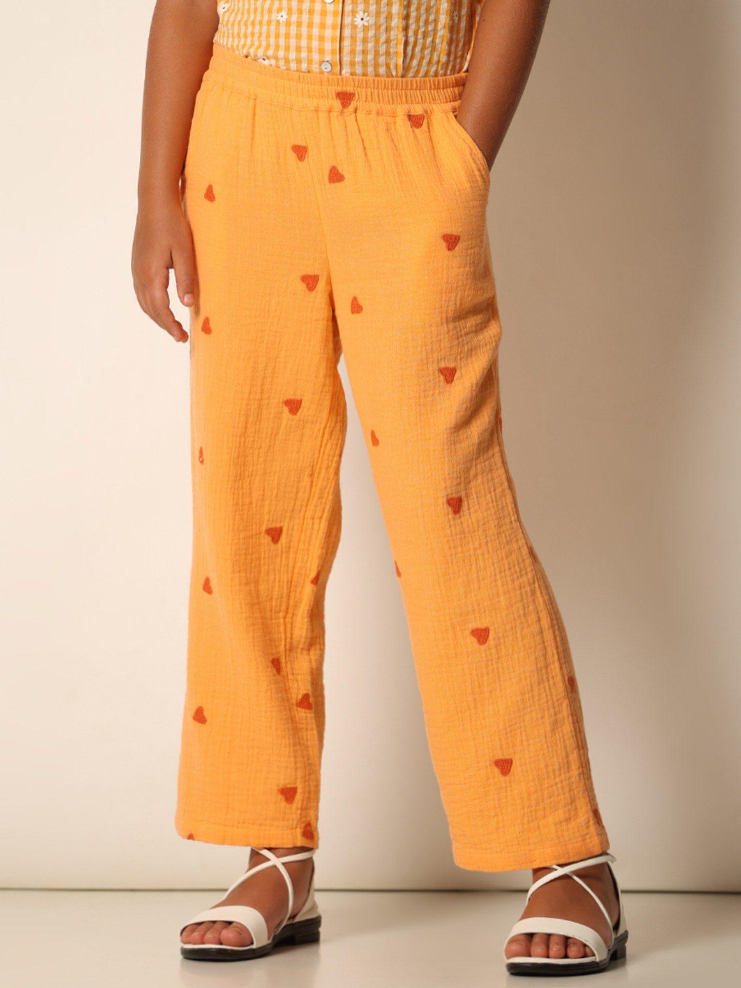 girls embroidery ankle length mid rise orange casual pant