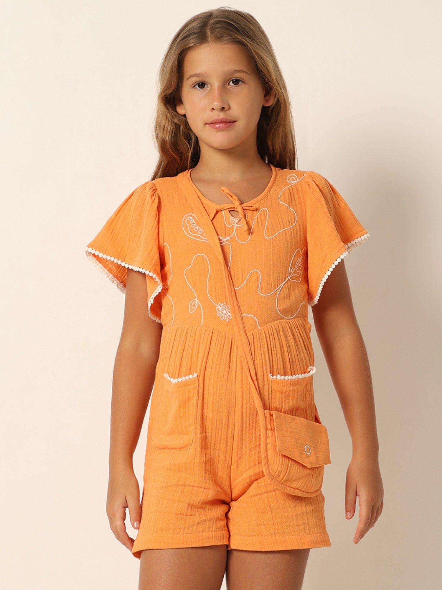 girls embroidery orange jumpsuit with sling bag (set of 2)