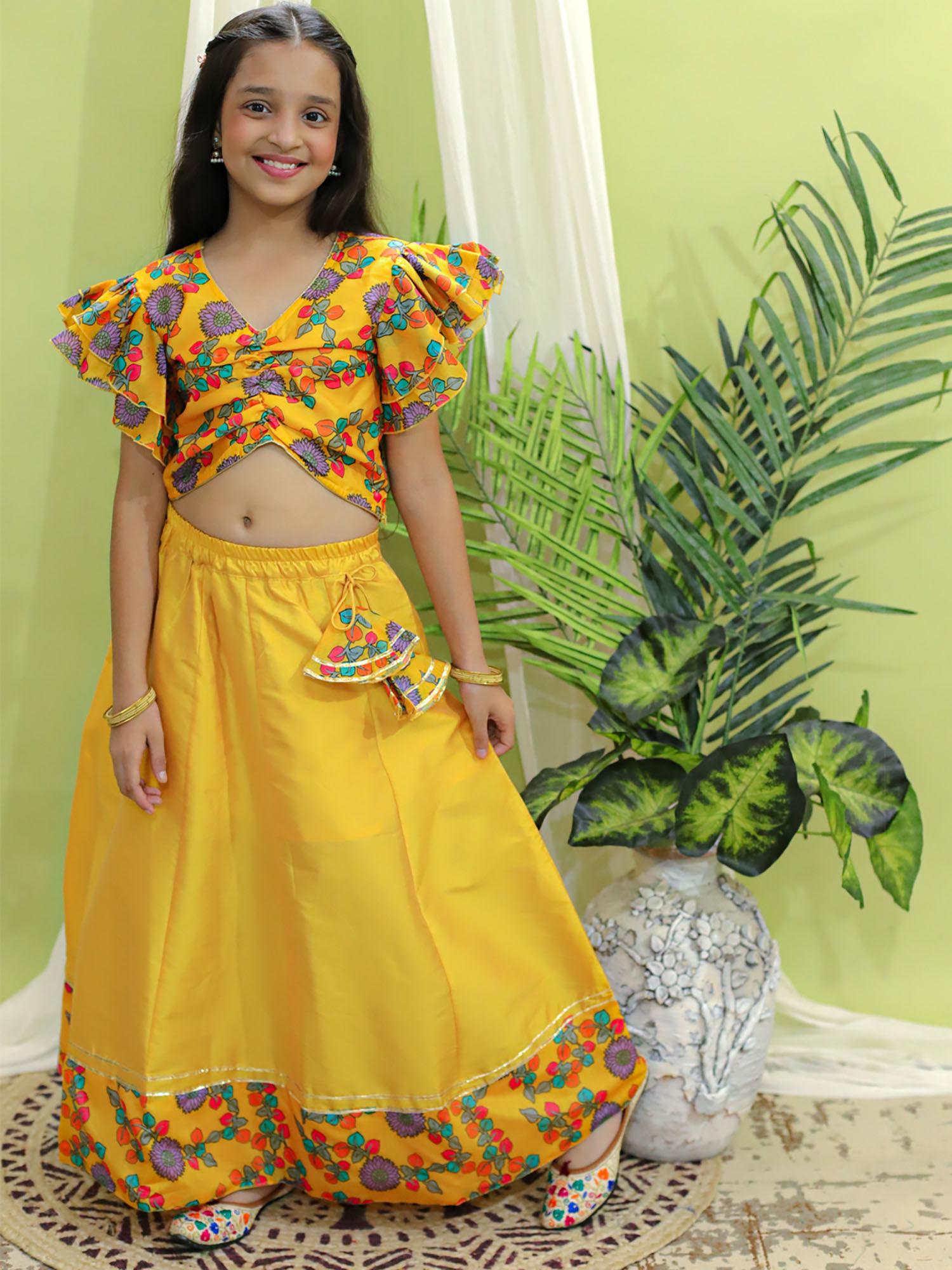 girls ethnic wear chanderi print choli with lehenga yellow (set of 2)