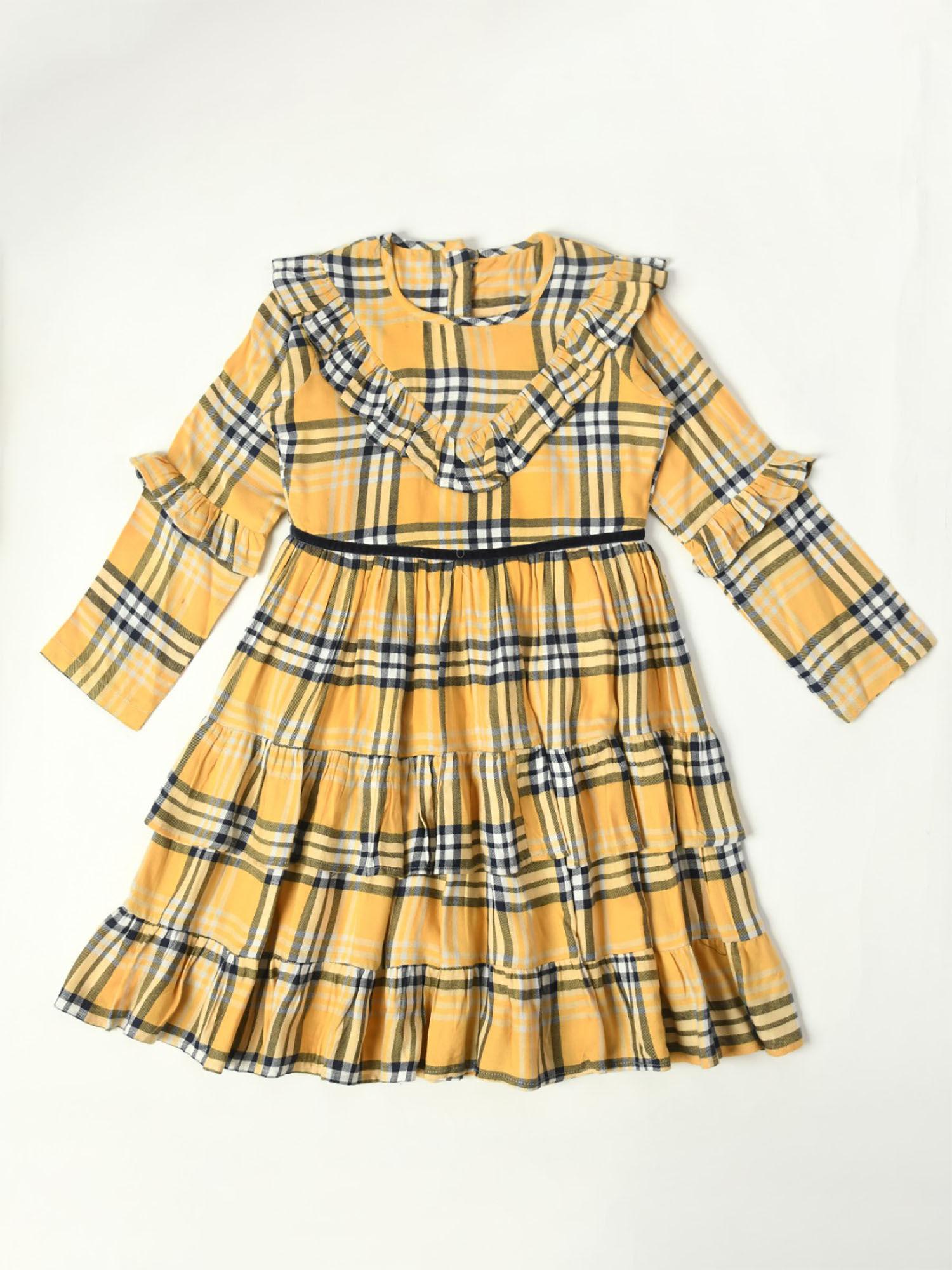 girls fit and flair checked full sleeve casual wear dress