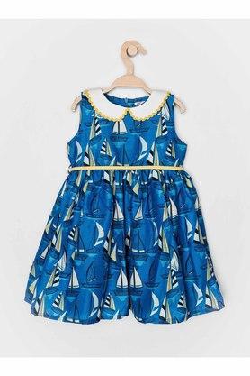 girls flared printed collared dress - blue